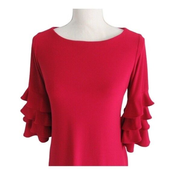 Red Shift Dress with Ruffle Bell Sleeves - Picture 5 of 9